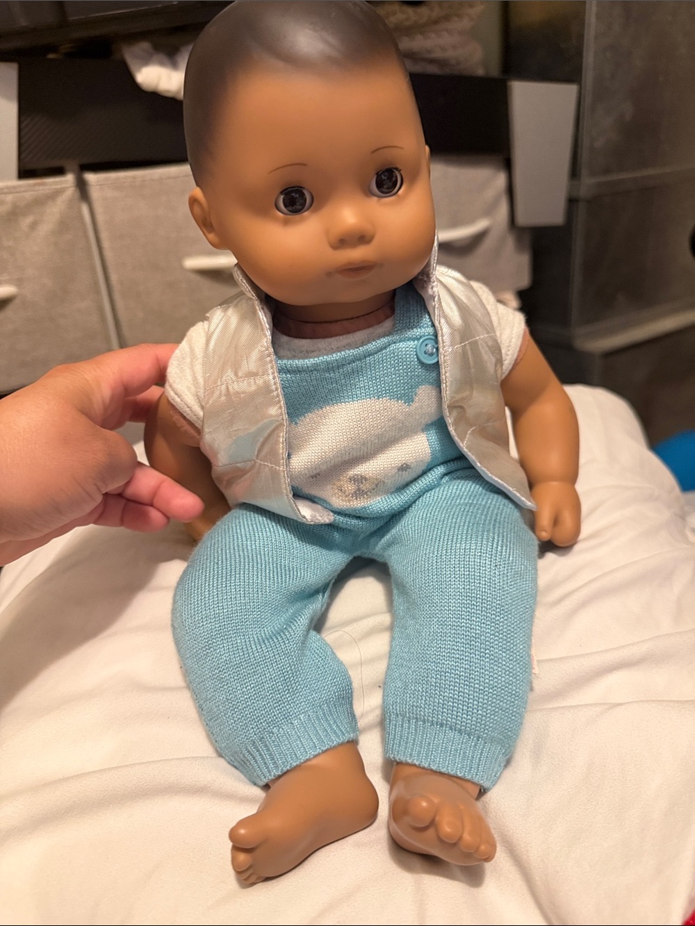 American Girl Light Blue Knit Overalls with Silver Vest